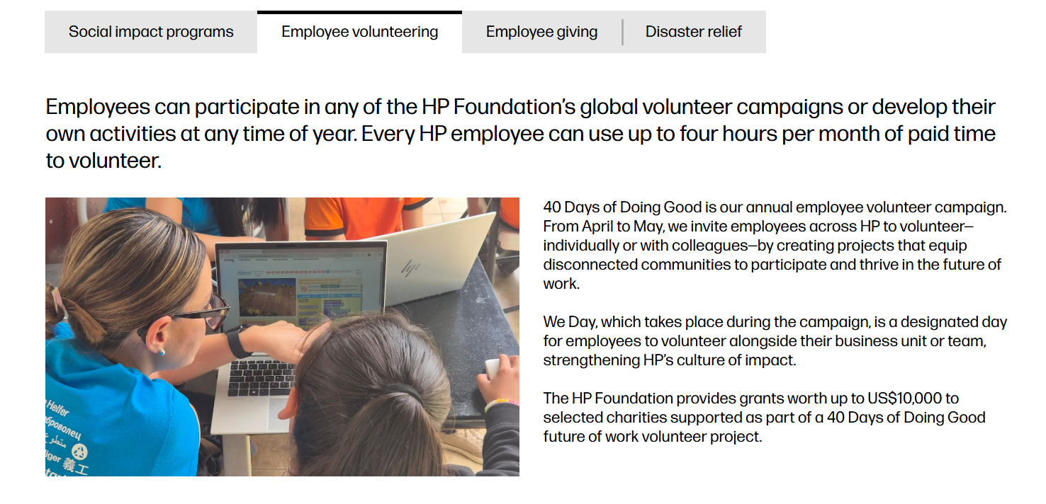 HP Foundation Employee Volunteering Policies: employees can use up to four hours per month of paid time to volunteer